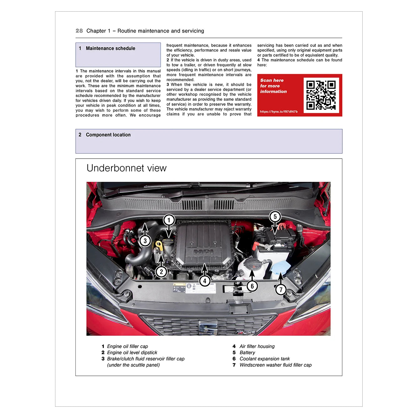 Technical diagram of a car's underbonnet with labeled components and QR code on a white background
