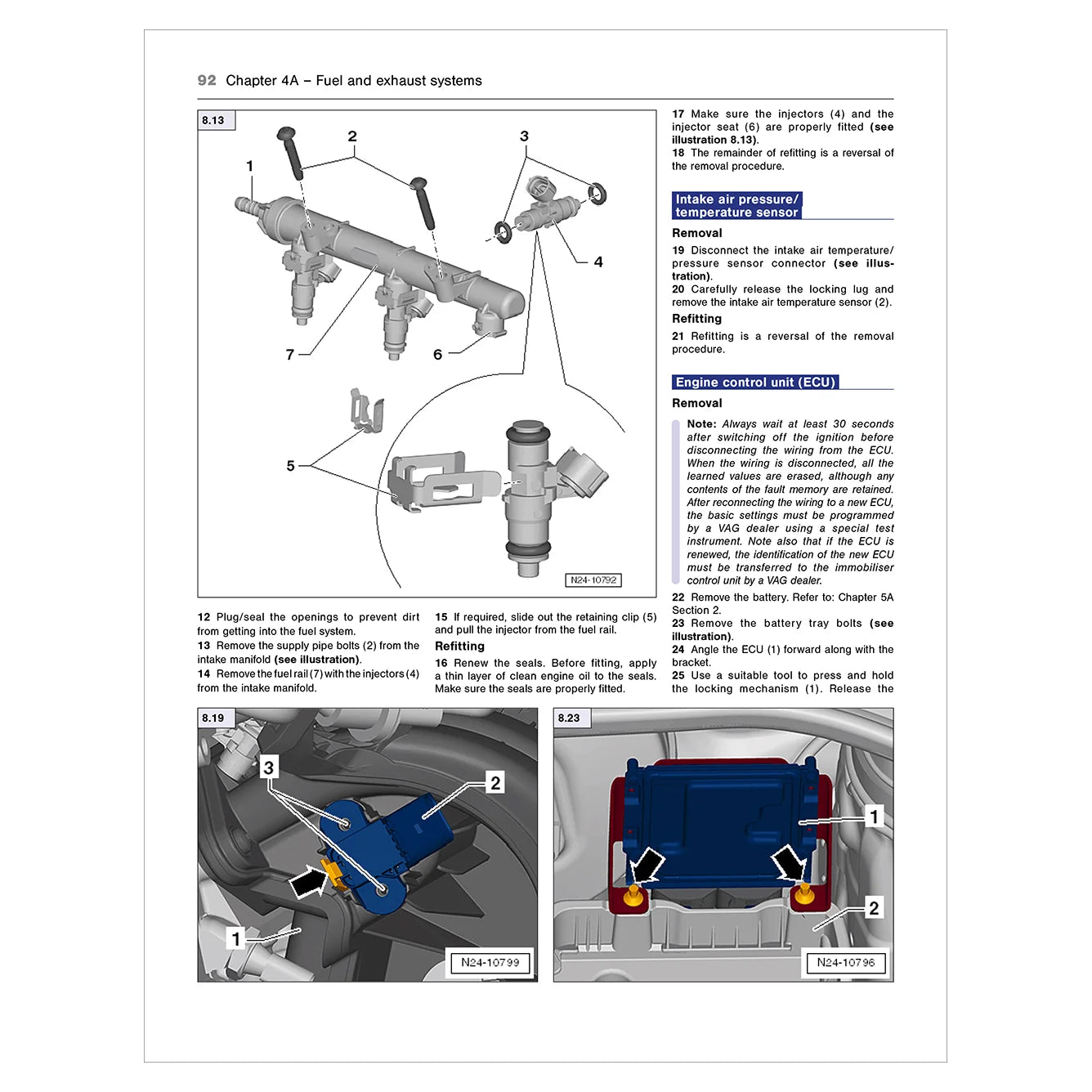 Technical manual page with diagrams and text on fuel and exhaust systems.