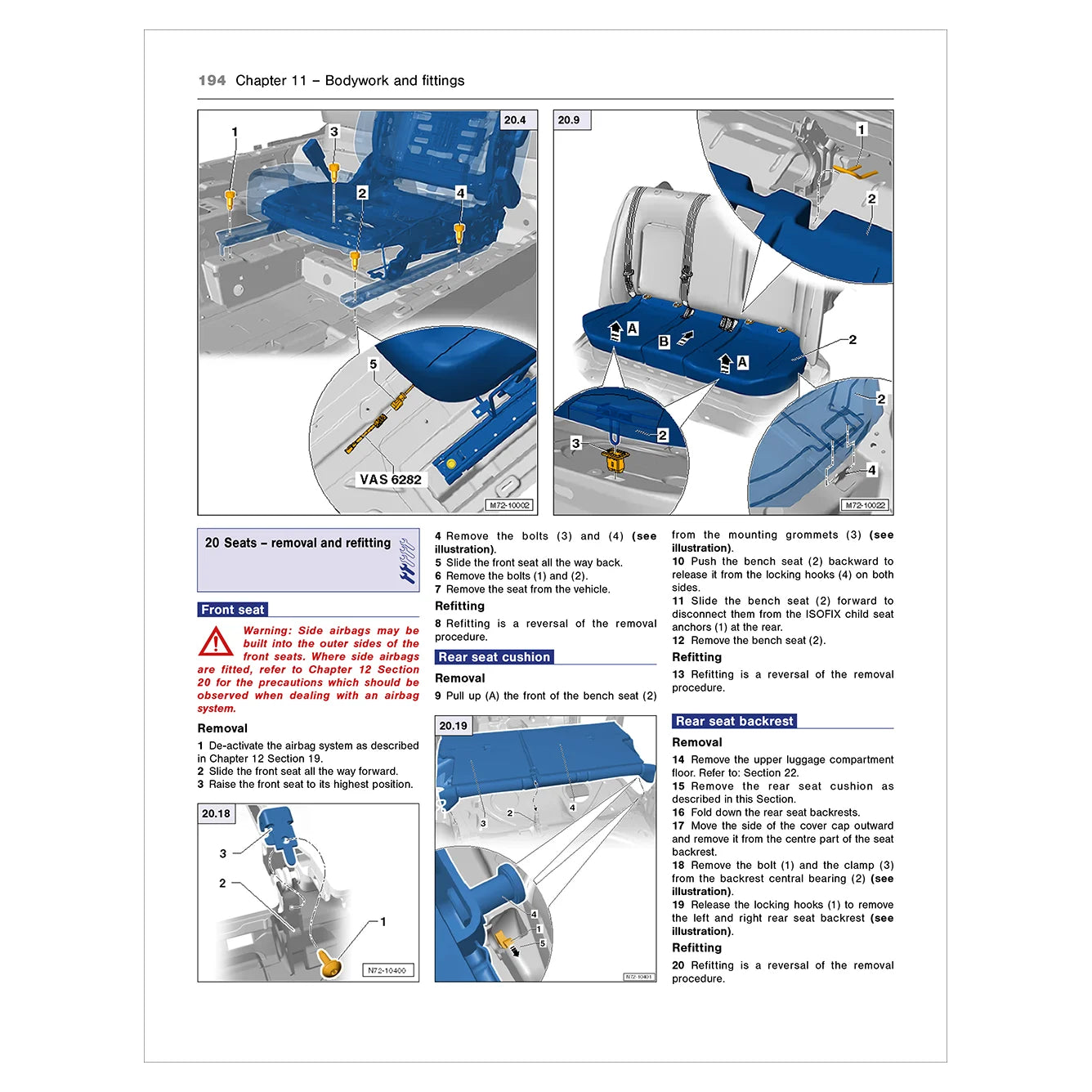 Technical manual page with diagrams and text on vehicle seat removal and refitting.
