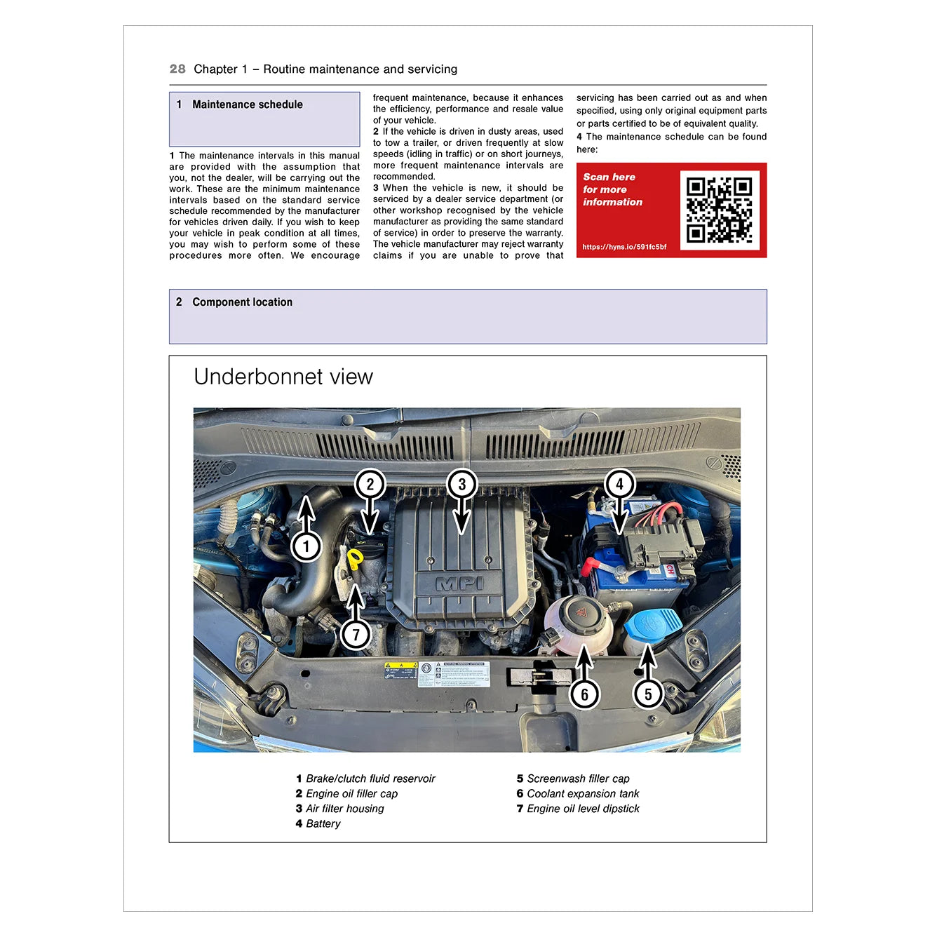 Technical manual page with car engine diagram and QR code on a white background