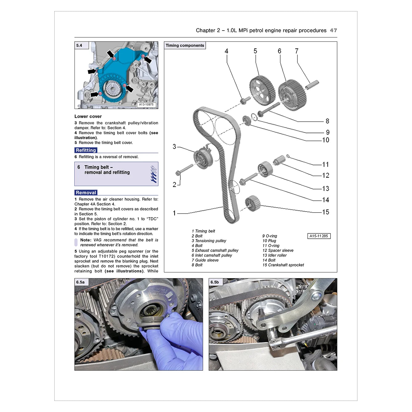 Technical manual page with automotive engine repair diagrams and text.