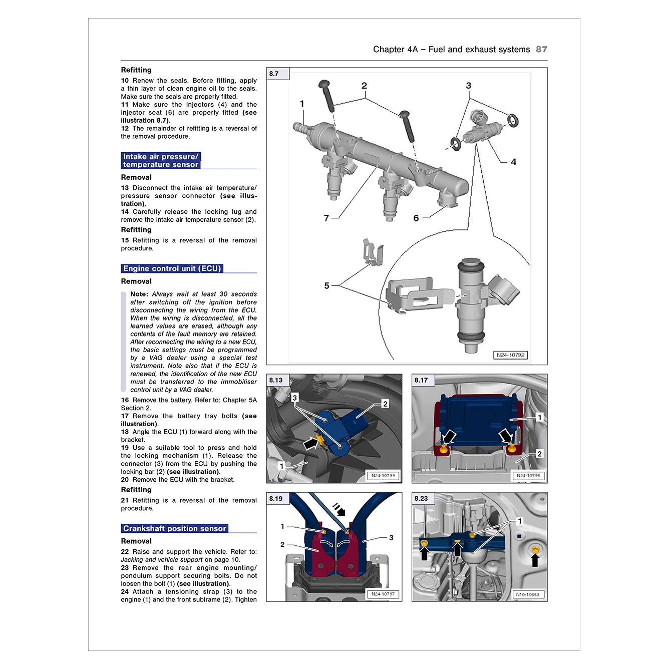 Technical manual page with diagrams and text on fuel and exhaust systems
