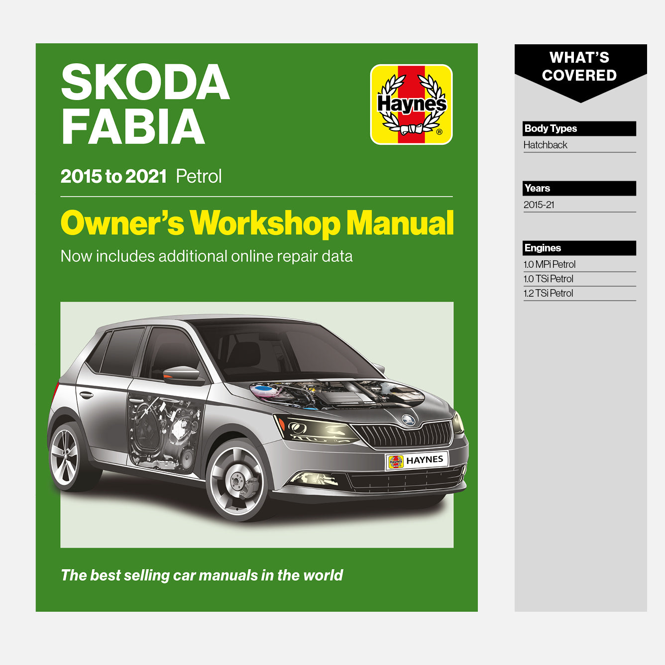 Skoda Fabia Haynes owner's workshop manual cover with green background and car illustration.