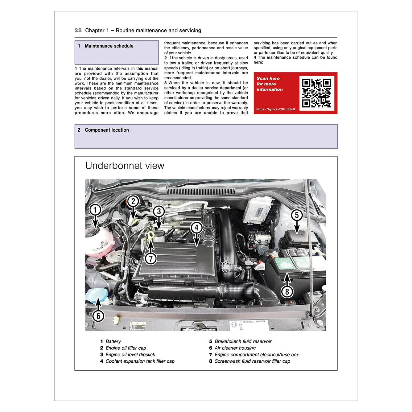 Technical manual page with car underbonnet diagram and QR code
