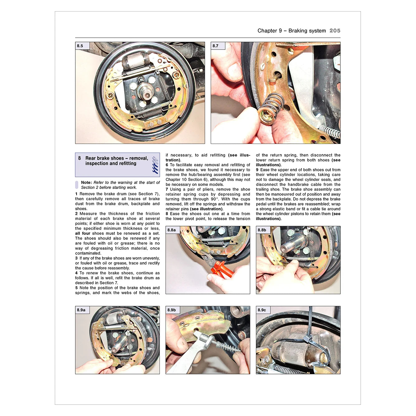Technical manual page on motorcycle braking system with step-by-step instructions and diagrams.