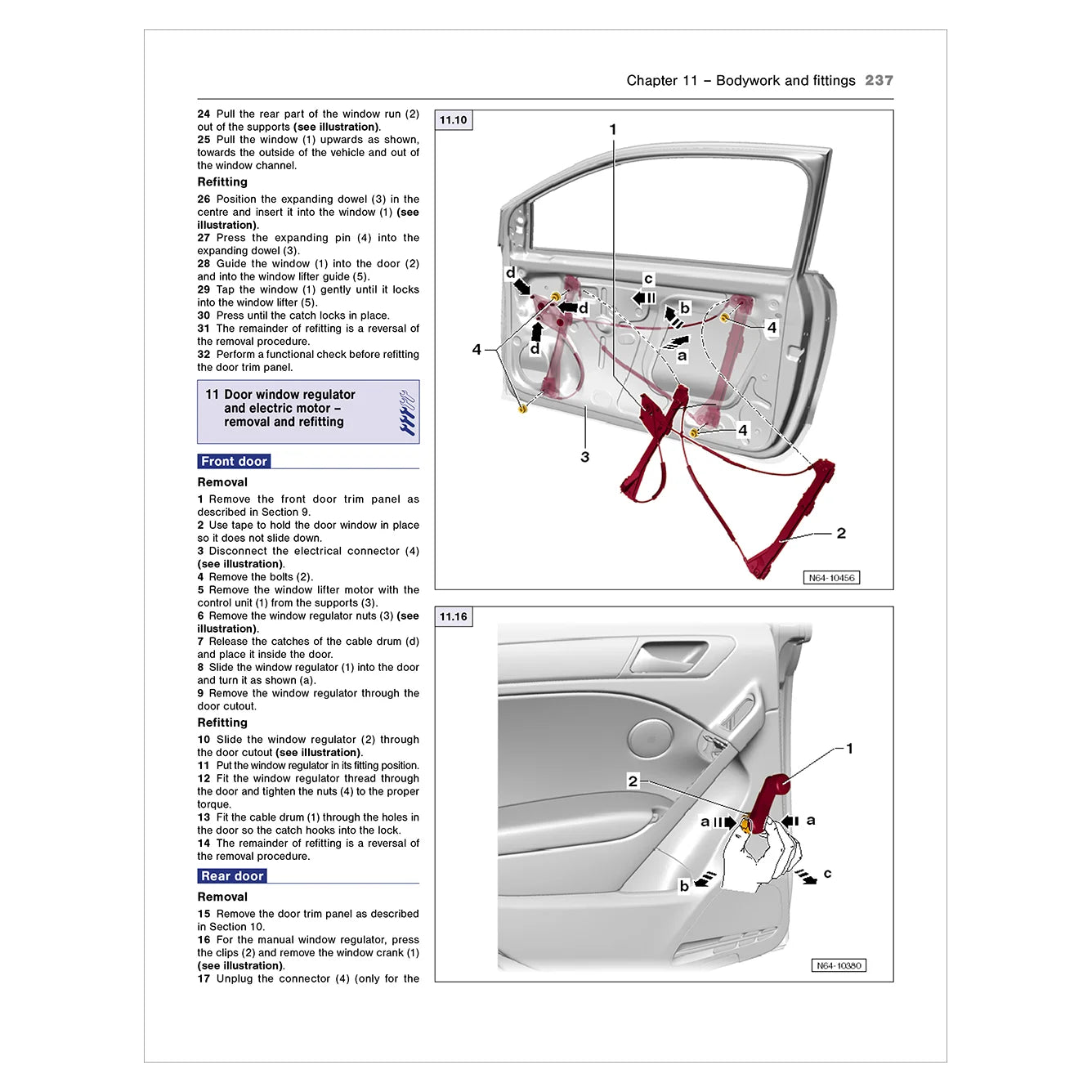 Technical manual page with car door assembly diagram and text