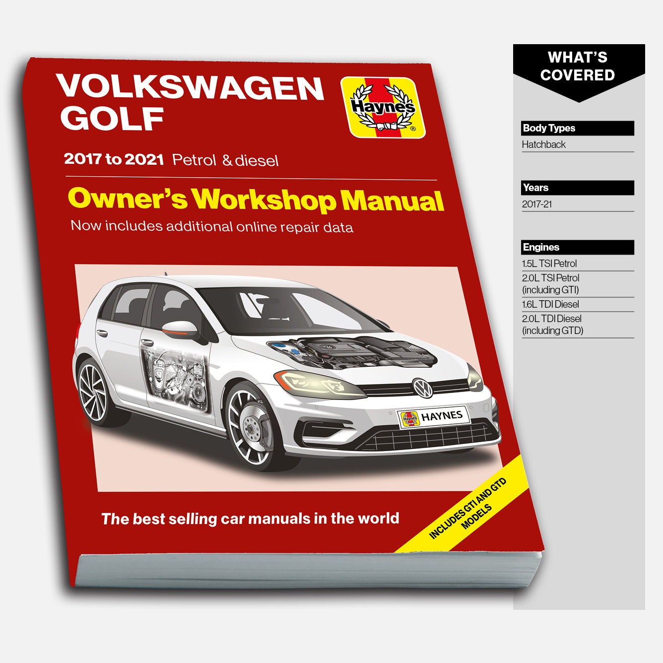 Volkswagen Golf repair manual for 2017 to 2021 on a white background