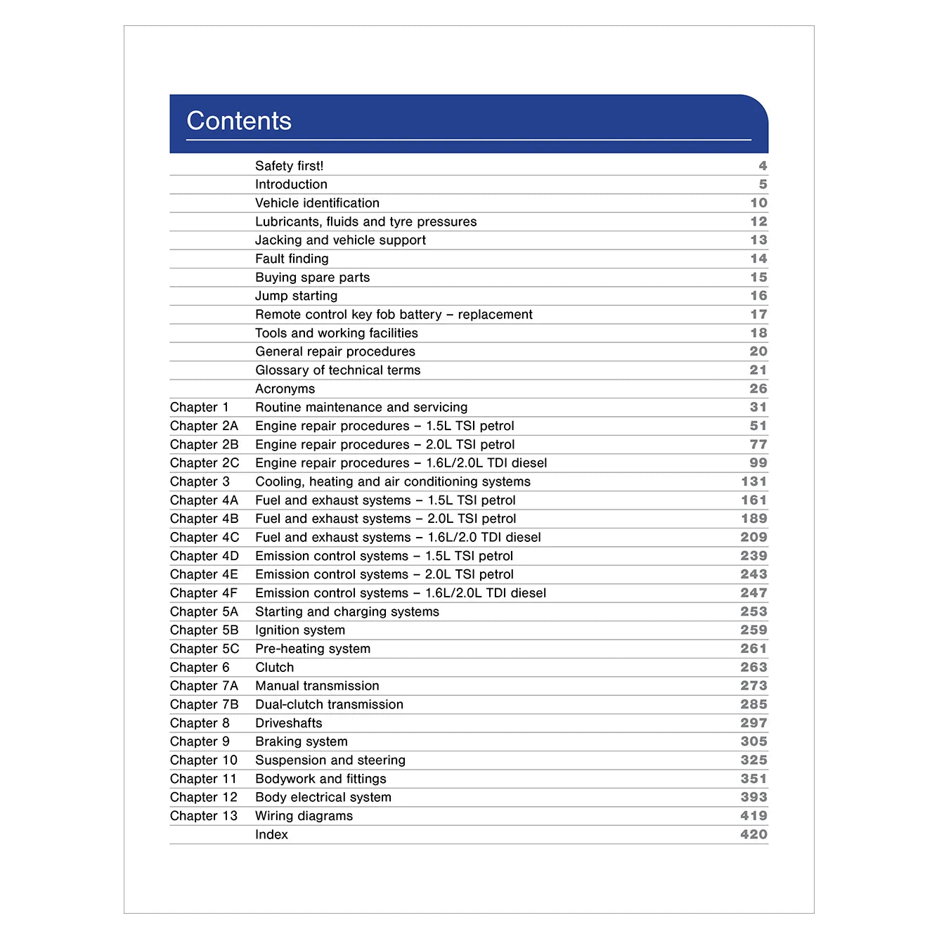 Table of contents for a vehicle repair manual on a white background
