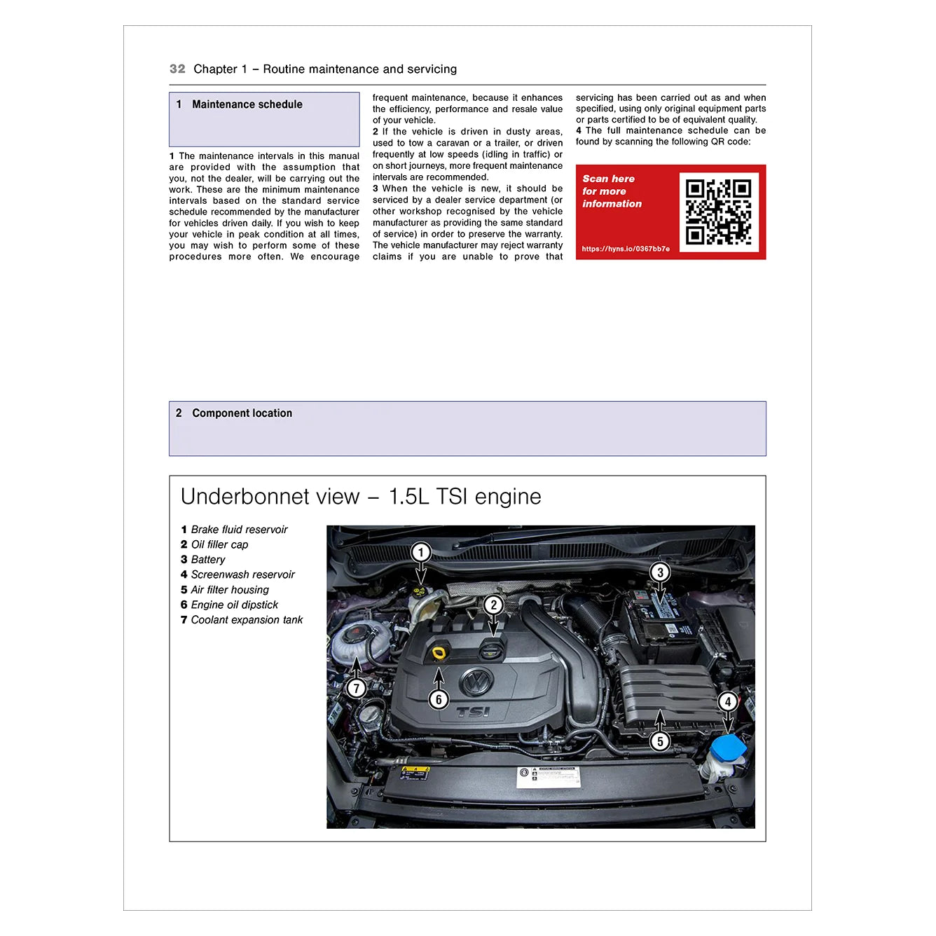 Technical manual page with car engine diagram and QR code on a white background