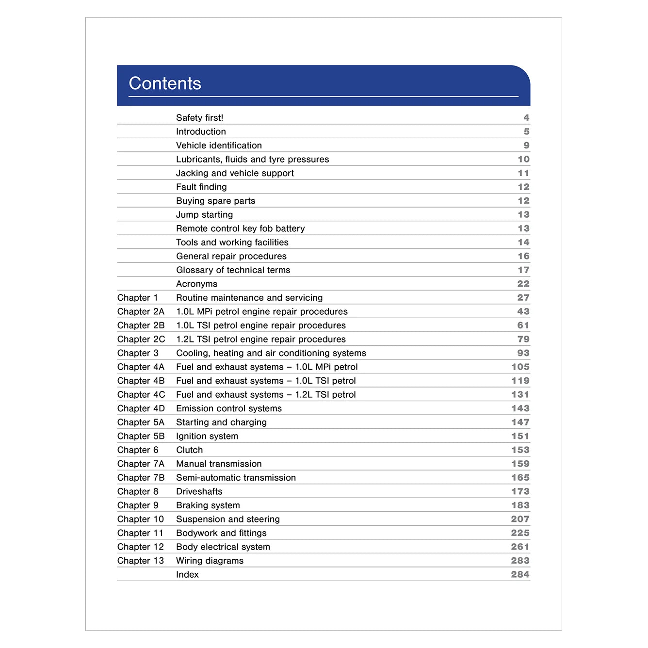 Table of contents for a vehicle maintenance manual on a white background