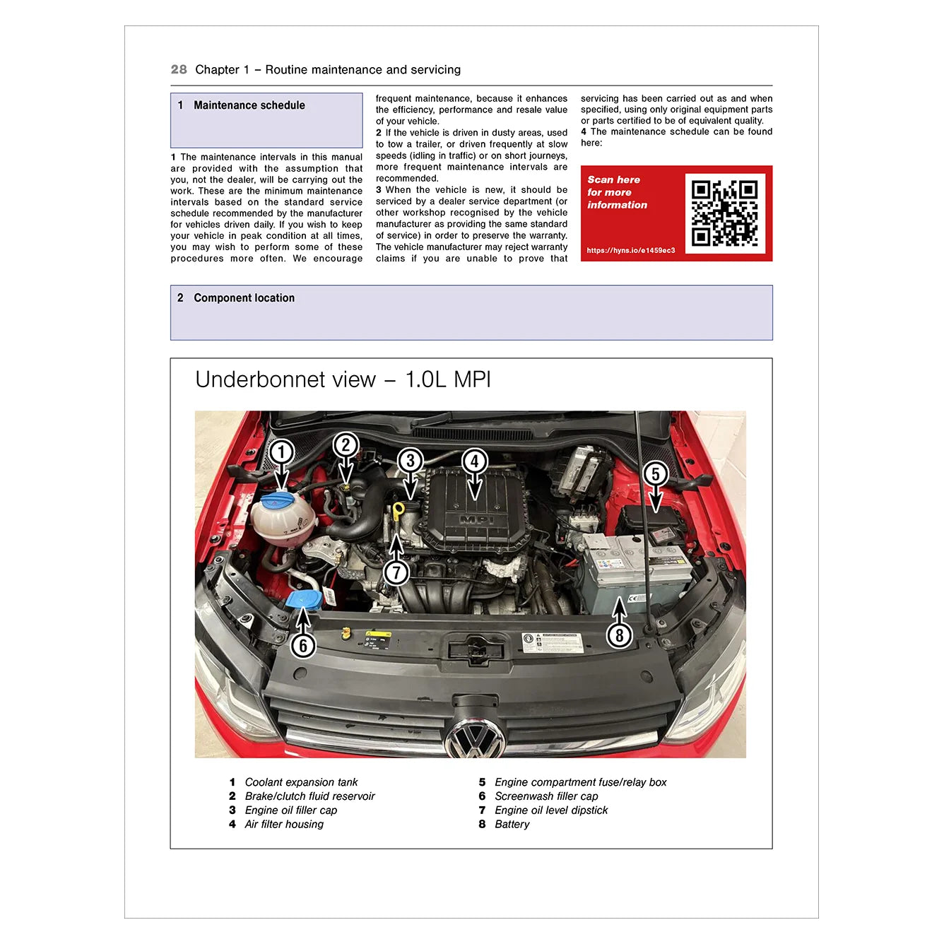 Technical diagram of a car engine with labeled components and a QR code on a white background.