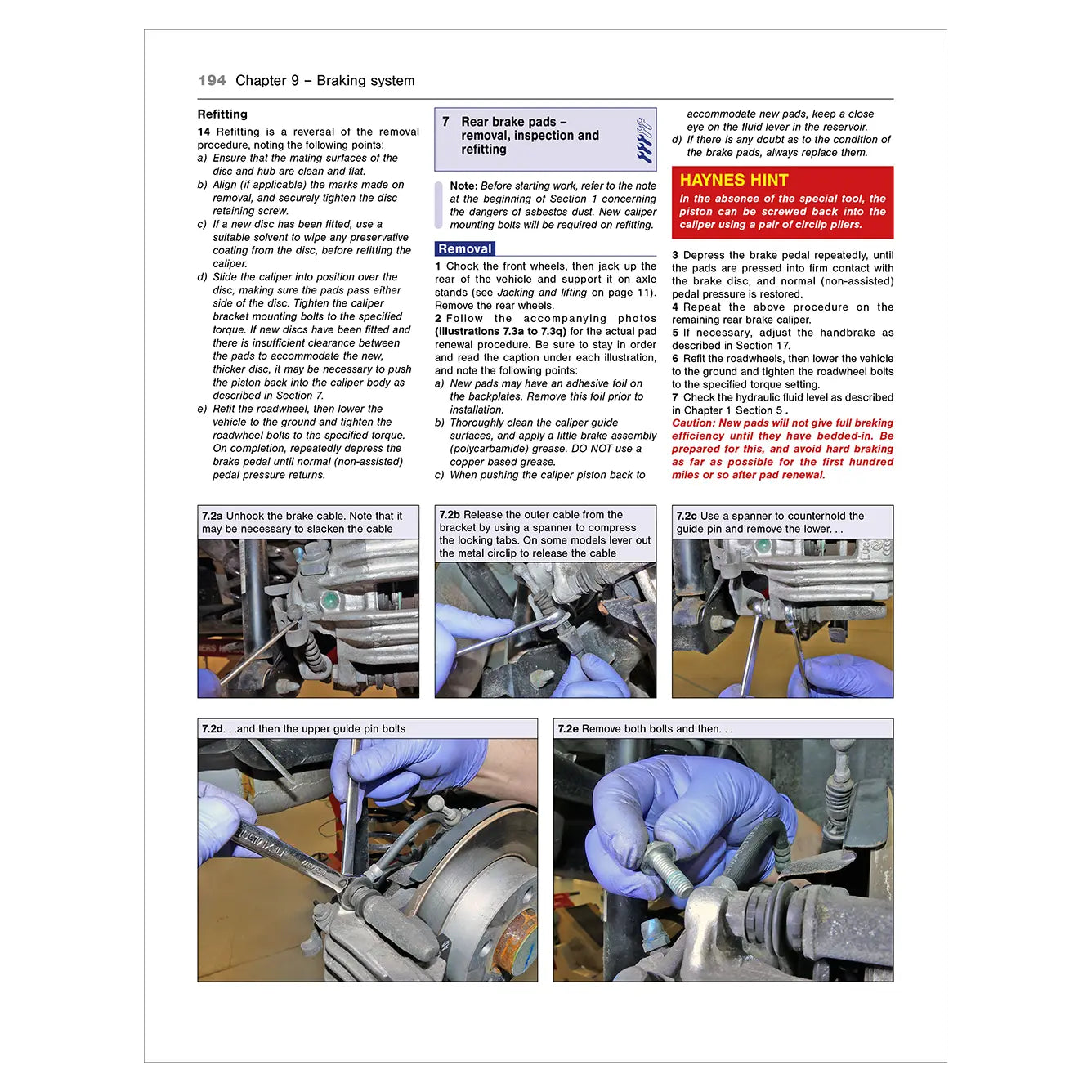 Technical manual page with brake system repair instructions and images.