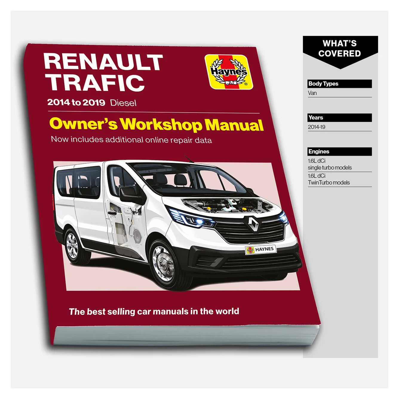 Haynes Renault Trafic 2014 to 2019 Diesel Owner's Workshop Manual book cover shown at an angle, with a sidebar listing covered topics such as body types, years, and engines.