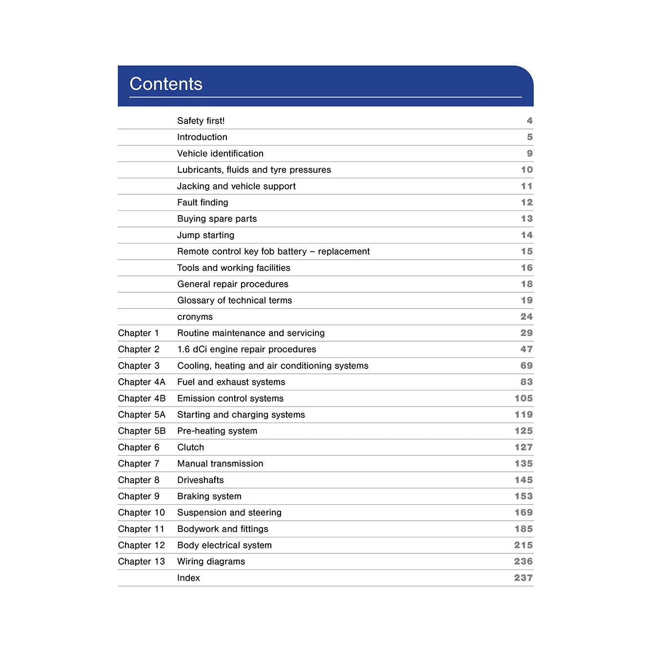 A table of contents page from a technical manual, showing chapter titles and page numbers under a dark blue header on a white background.