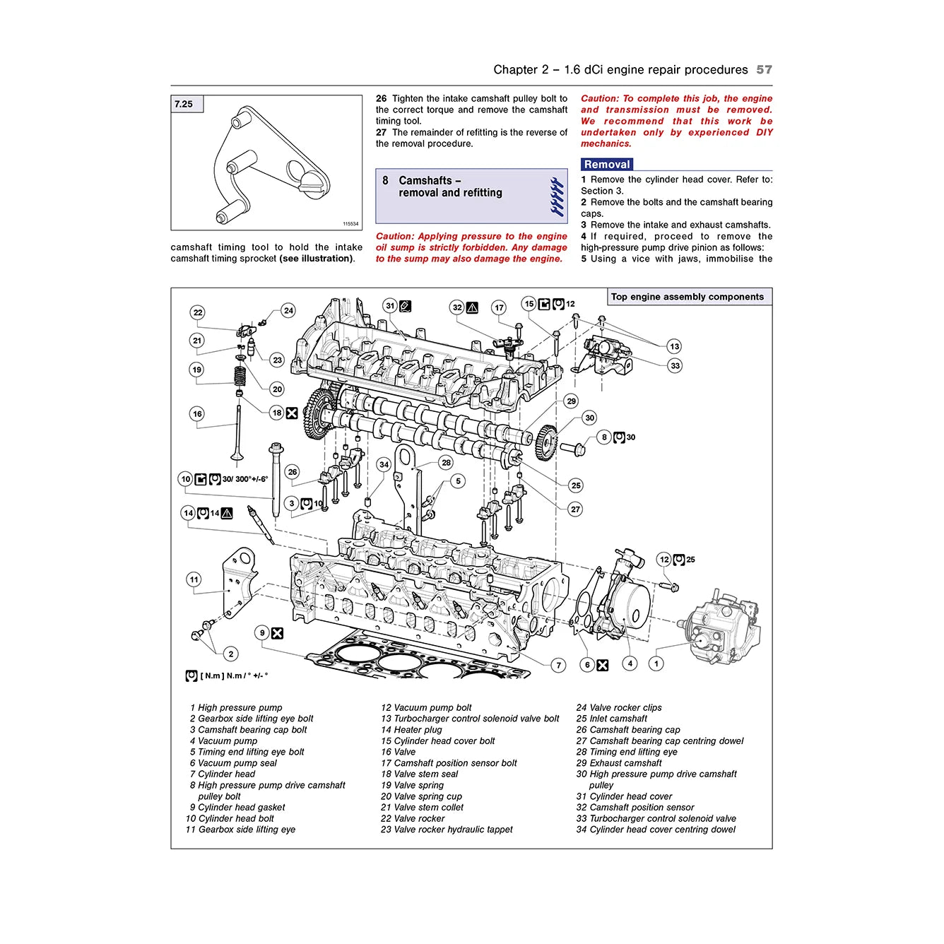 A printed page from an engine repair manual showing a technical exploded-view assembly diagram for a top engine assembly, with numbered parts, callouts, and small inset illustrations on a white background.
