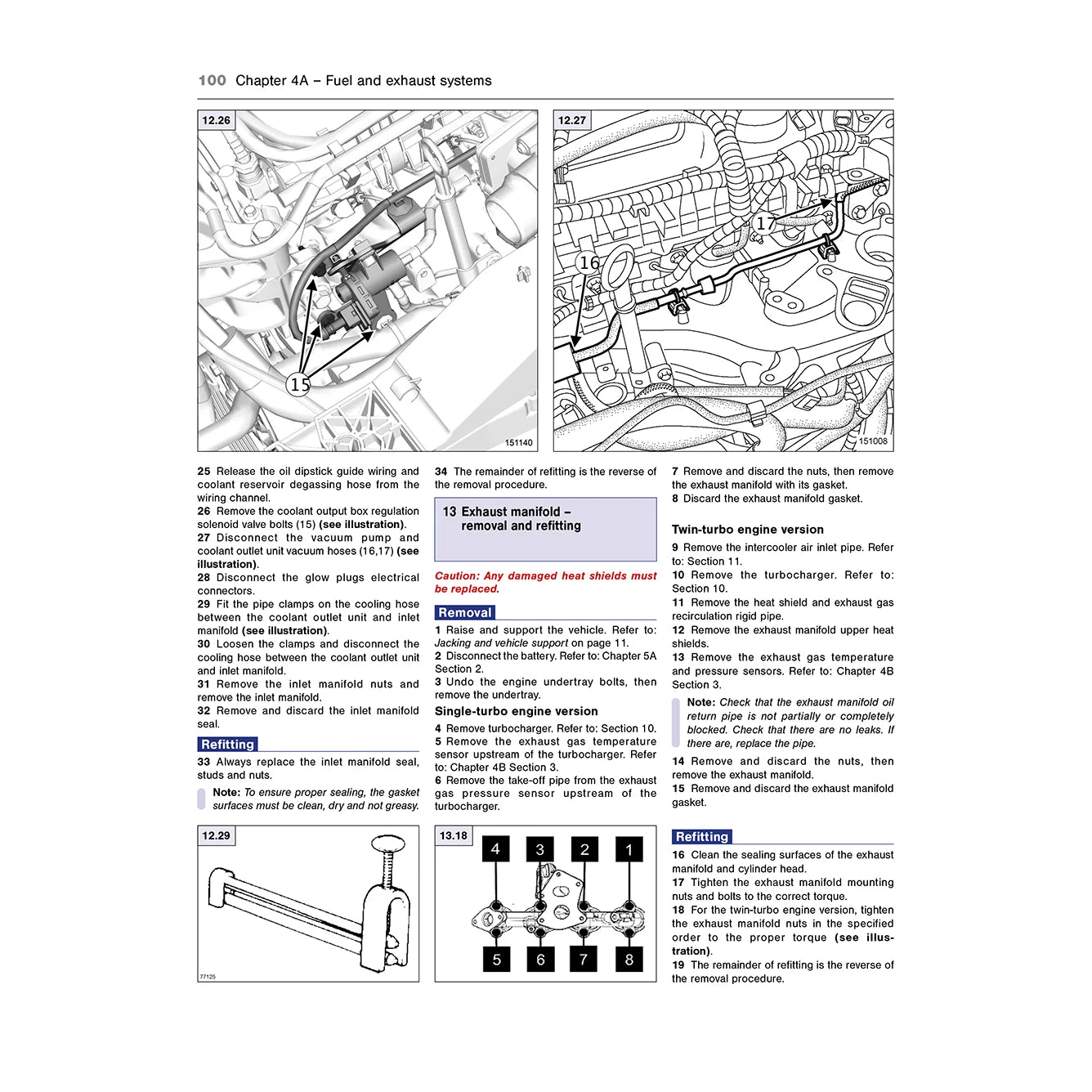 A printed page from a manual showing a technical cross-section diagram of an exhaust system with labeled parts, numbered instructions, and small inset photos. The page includes text such as '100 Chapter 8A – Fuel and exhaust systems' and section headings like 'Exhaust mounted – remove and install.