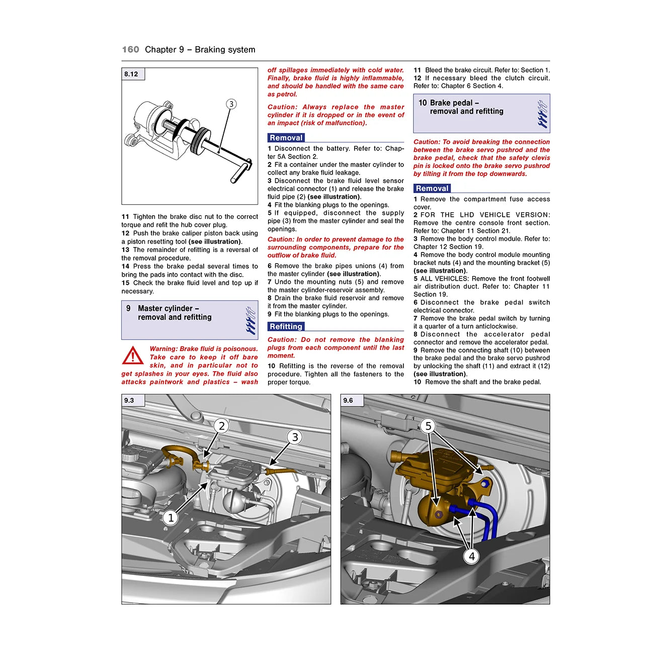 A technical instruction sheet showing how to remove and refill a brake system cylinder, with numbered steps, cross-section diagrams, and small photos of a brake master cylinder in a car.