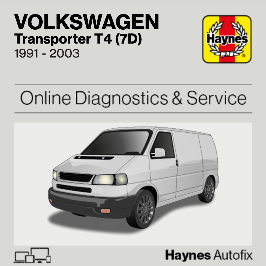 Haynes online diagnostics and service manual cover for Volkswagen Transporter T4 (7D) with a white van illustration.