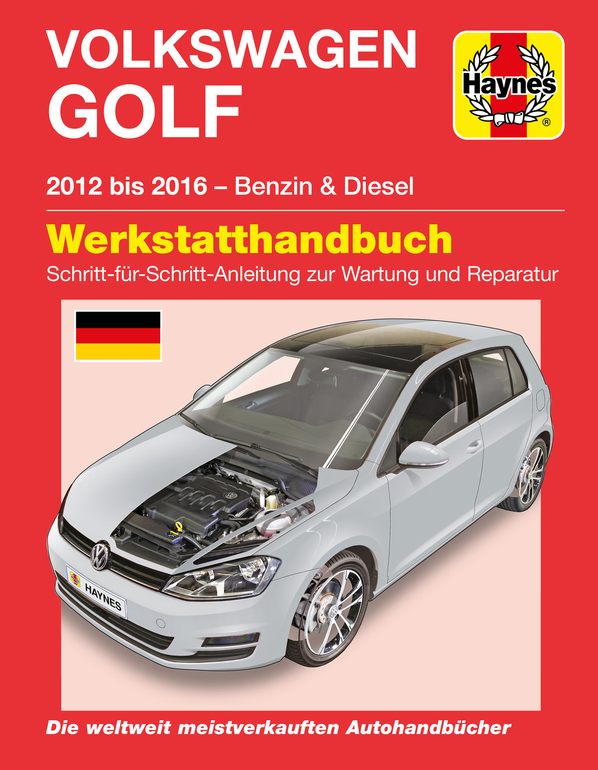 Front cover of a Haynes Volkswagen Golf workshop manual for 2012-2016 benzins and diesels, featuring a red background, the Haynes logo, a German flag, and a light gray Golf car with its hood open.