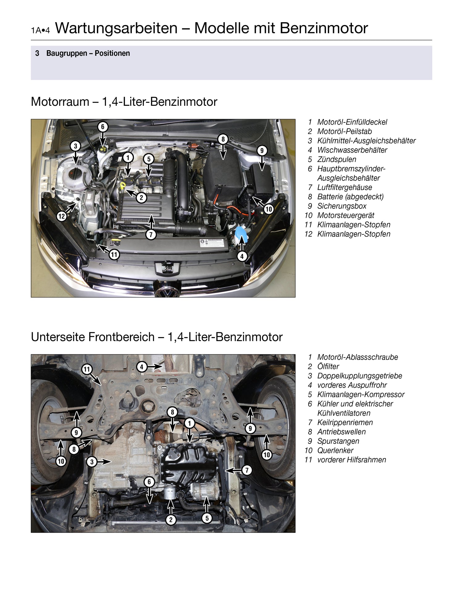 German technical schematic diagram showing two labeled photos of a car engine bay and underside for a 1.4-liter benzine motor, with numbered callouts and parts lists.