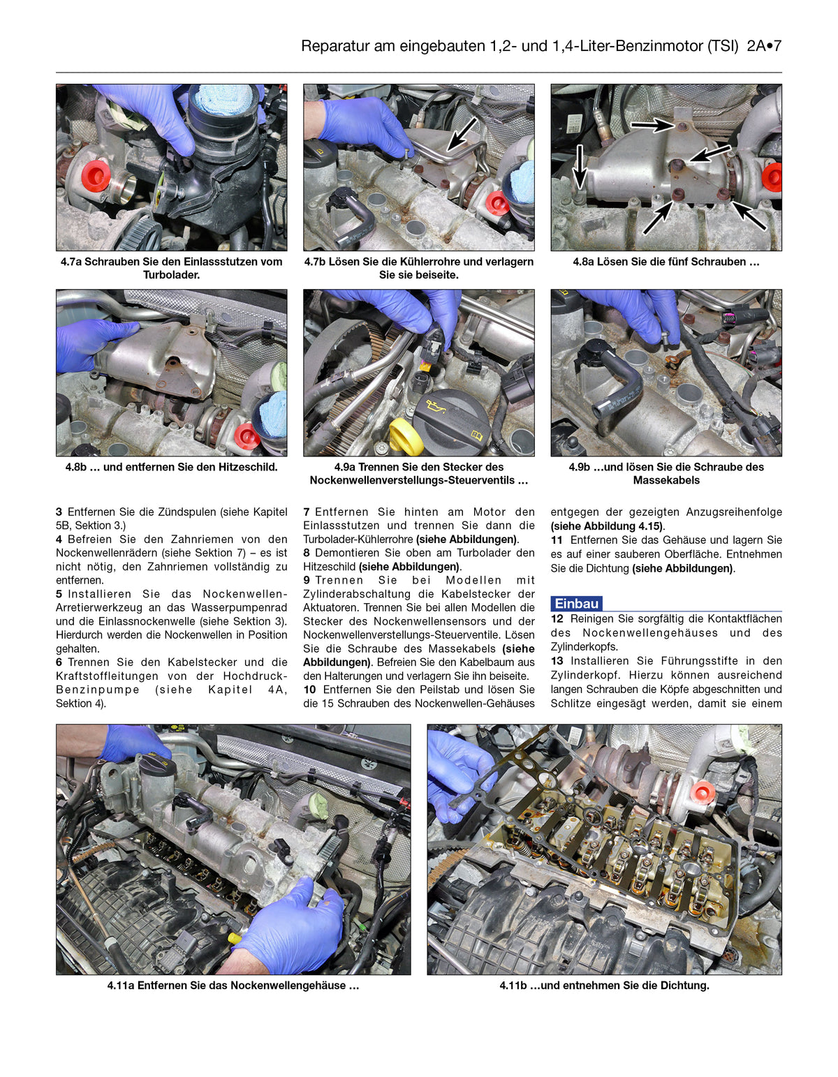 A printed repair manual page with multiple small photos of a car engine and German text instructions, showing steps for accessing and cleaning the oil filter.