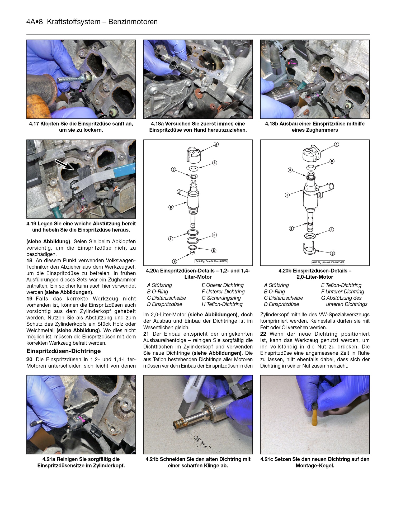 A multi-page technical instruction sheet in German for a 'Kraftstoffsystem - Benzinmotoren' (fuel system - gasoline engines) workshop manual. The page features a grid of photographs showing various steps of engine disassembly, accompanied by numbered text instructions and technical cross-section diagrams.