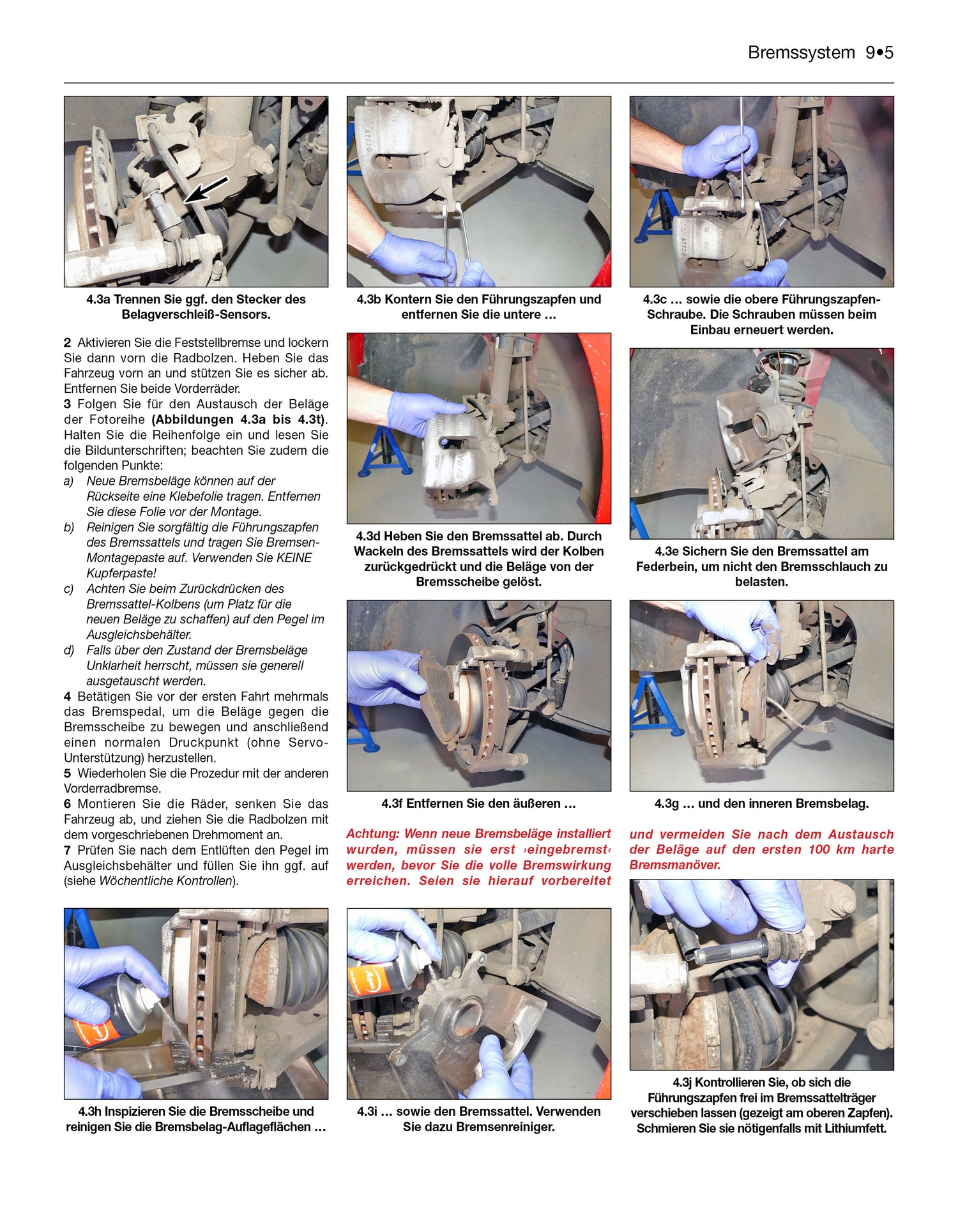 A printed page with multiple small photos and German text, showing a person in a blue glove working on a vehicle's brake system. This is not a clean product shot, and the page functions as an informational/how-to visual rather than showing the product itself, so subject_type is Instruction Diagram.