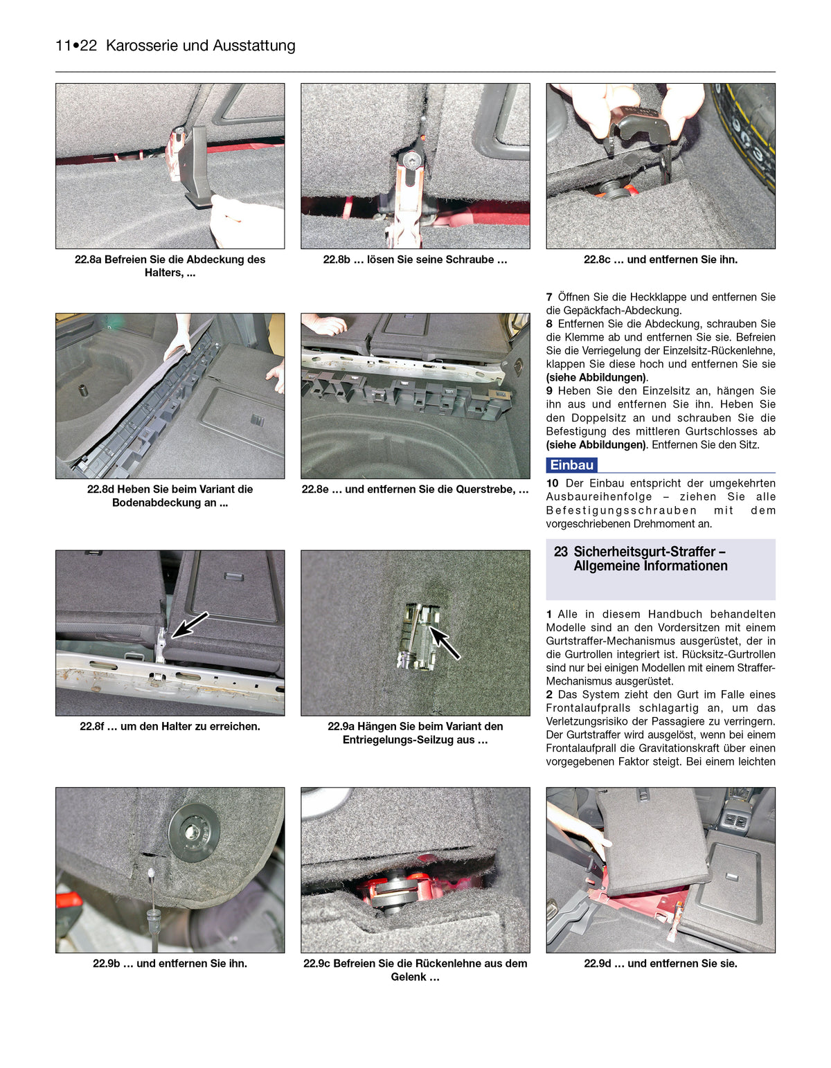 A printed instruction page with multiple small photos showing how to install or adjust parts of a car body assembly, accompanied by numbered and bulleted German text instructions.