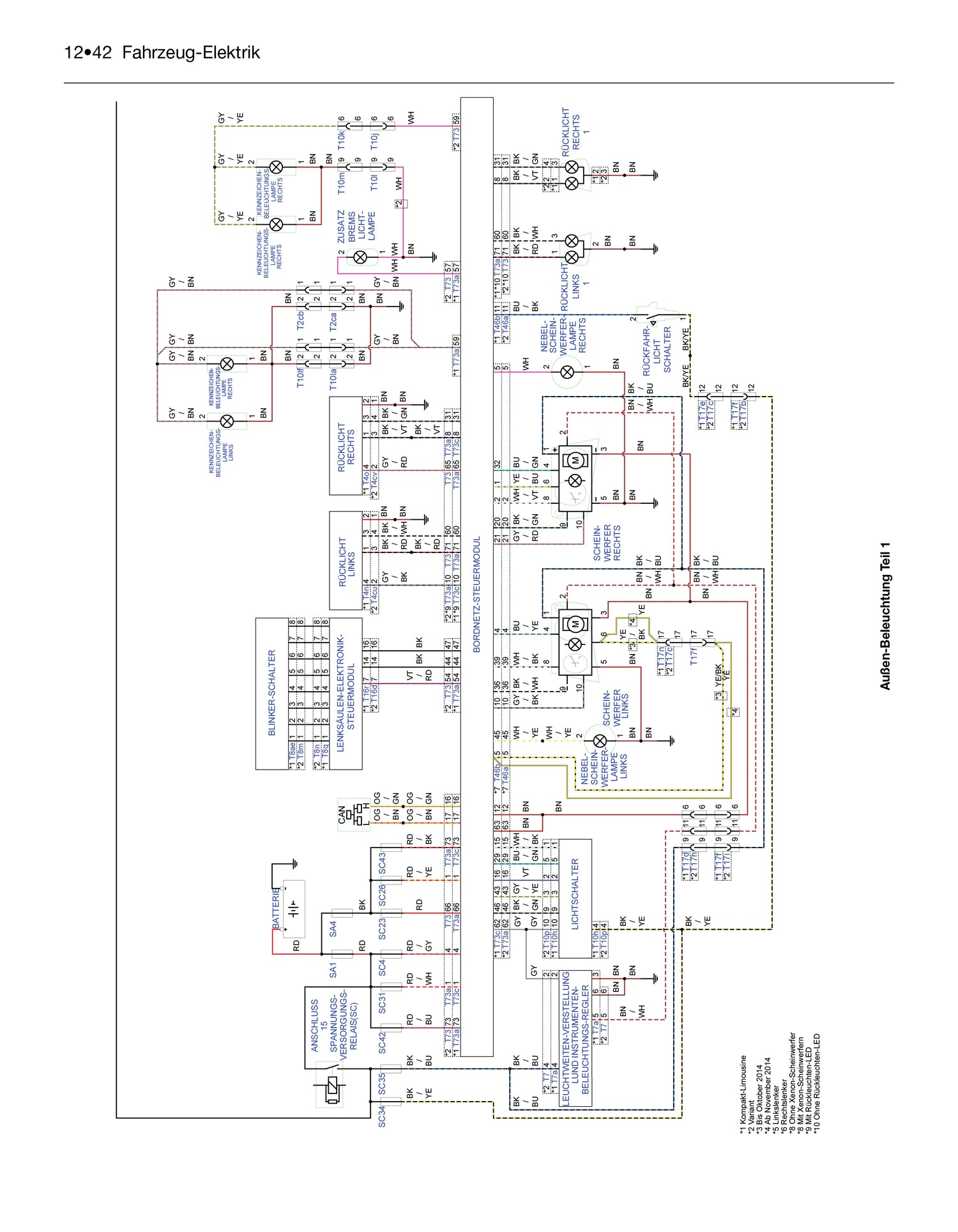 A technical automotive electrical wiring diagram sheet with labeled components, connection points, and colored line indicators on a white background.