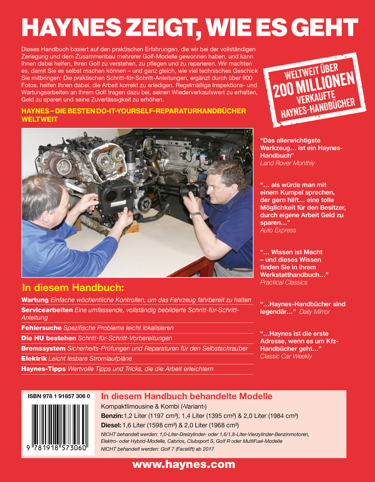 German book cover for 'Haynes Zeigt, Wie Es Geht' (Volume 27) by Haynes, featuring a red background, white text, a barcode, and a photo of a hand holding a metal engine component.