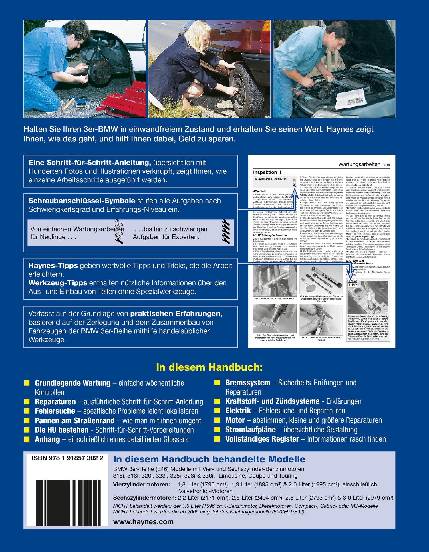 Book cover of a automotive repair manual with images of people working on cars and text in German.
