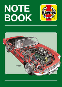 Haynes notebook cover with a red car illustration on a green background