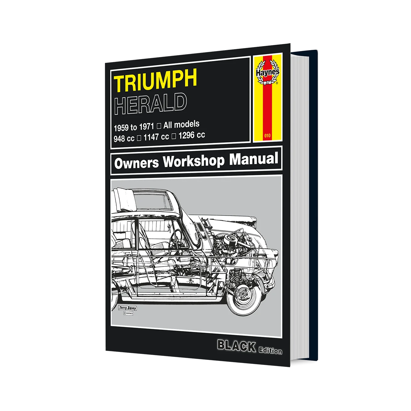 Triumph Herald Owners Workshop Manual book cover shown at a slight angle on a plain white background. The cover is predominantly black with yellow, white, and gray text and a line drawing of a car engine and chassis.