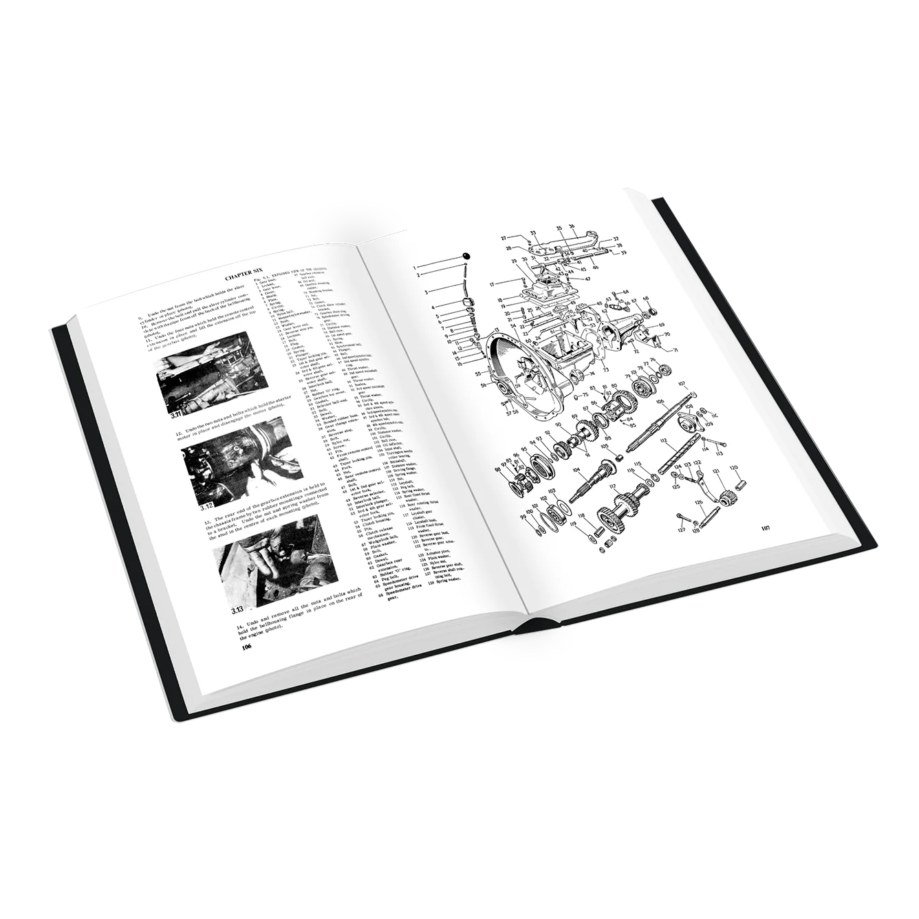 An open hardcover manual or book showing a black-and-white exploded parts diagram on the right page and a numbered reference table with three small photos on the left page, photographed on a white background.