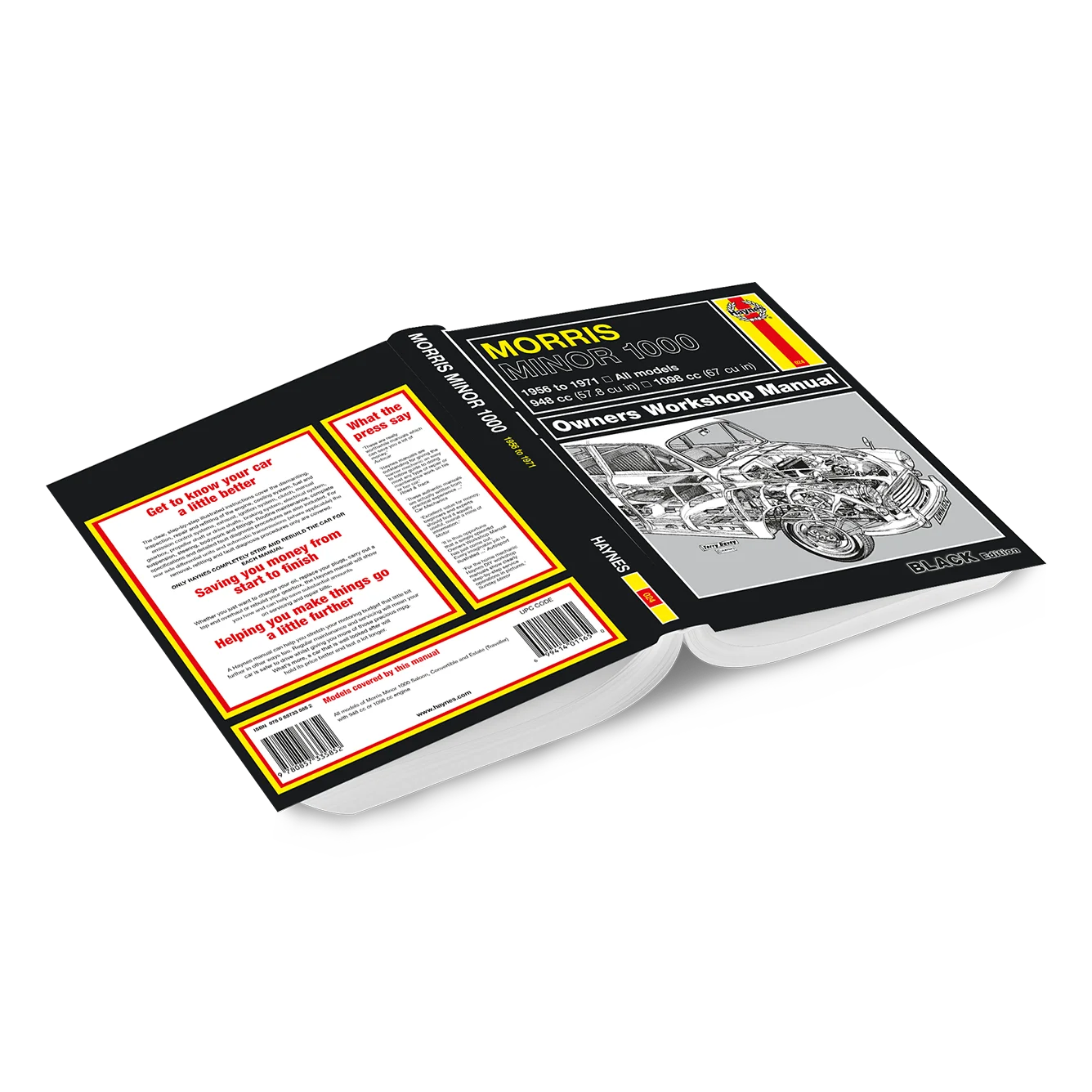 An open hardcover book showing the front cover, spine, and back cover of a Morris Wiper 600 Owners Workshop Manual on a plain white background.