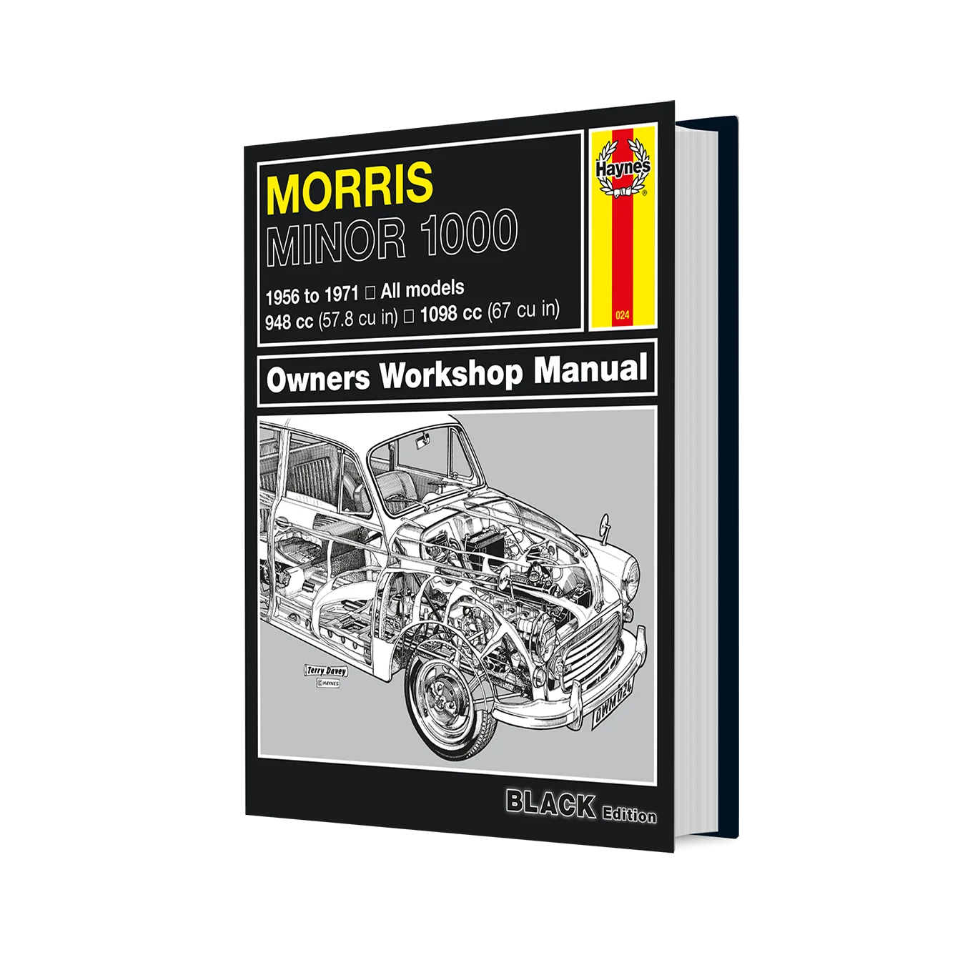 A hardcover book titled 'Morris Minor 1000 Owners Workshop Manual' shown on a plain white background. The cover is predominantly black with yellow, white, and gray text and a monochrome illustration of a car with its engine removed.