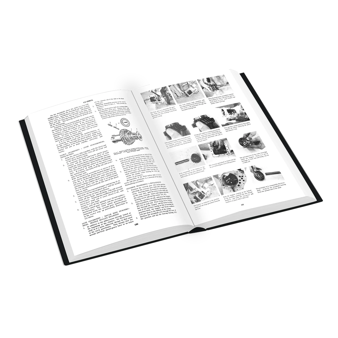 An open hardcover book with black pages and black cover edges, shown at an angle on a plain white background. The interior pages contain dense black text and multiple small black-and-white photographs arranged in columns.