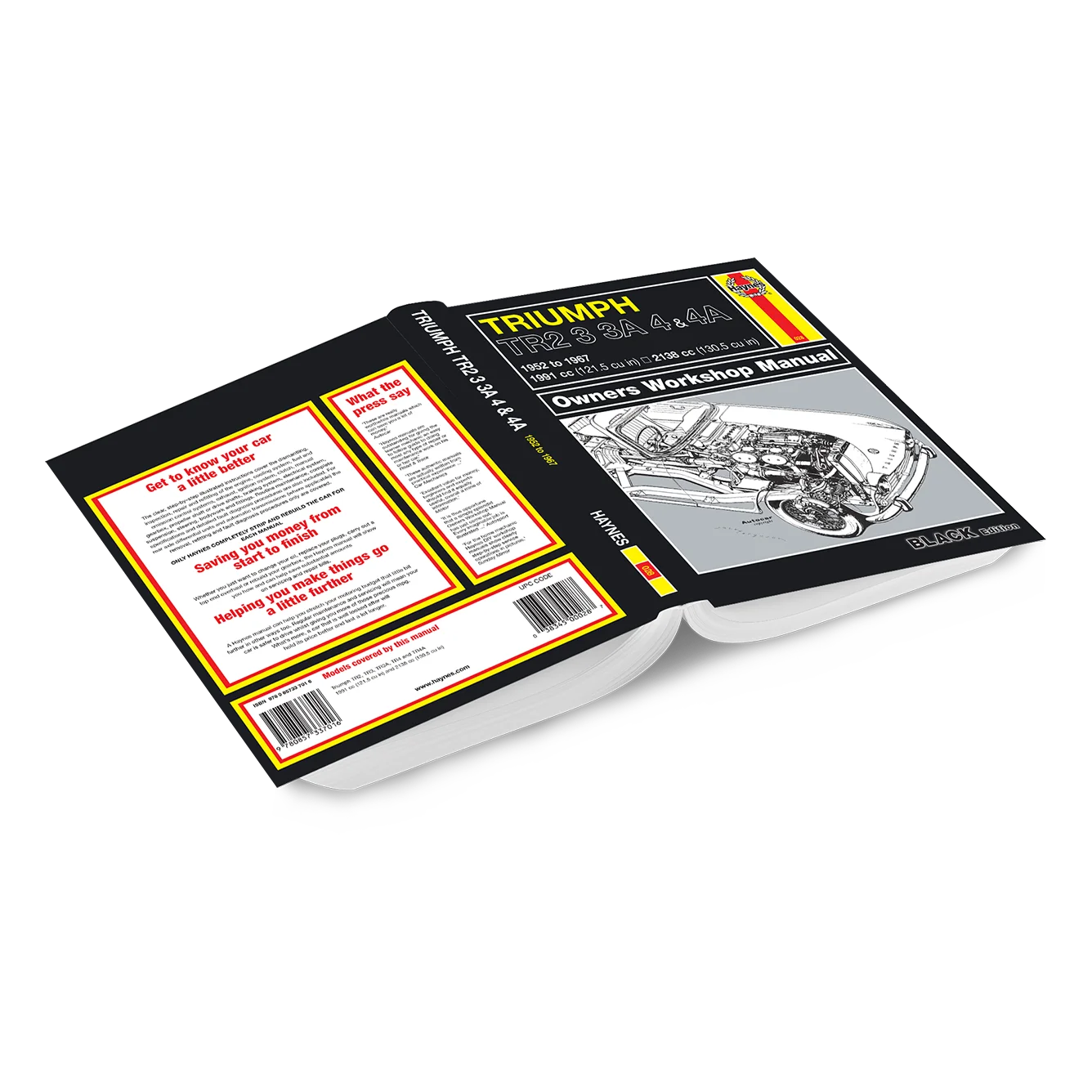 Triumph Bikes 100cc-500cc Owners Workshop Manual book cover shown open on a white background, displaying the front cover with a motorcycle engine diagram and the back cover with text and barcode.