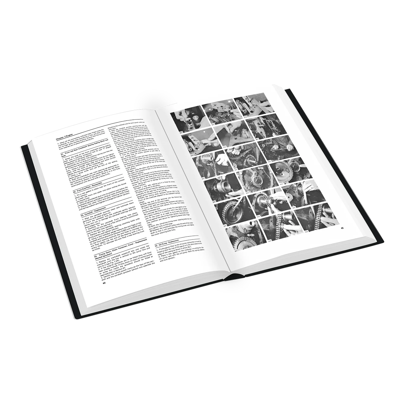 An open hardcover book with printed text on the left page and a black-and-white collage of mechanical or industrial components on the right page, shown on a clean white background.