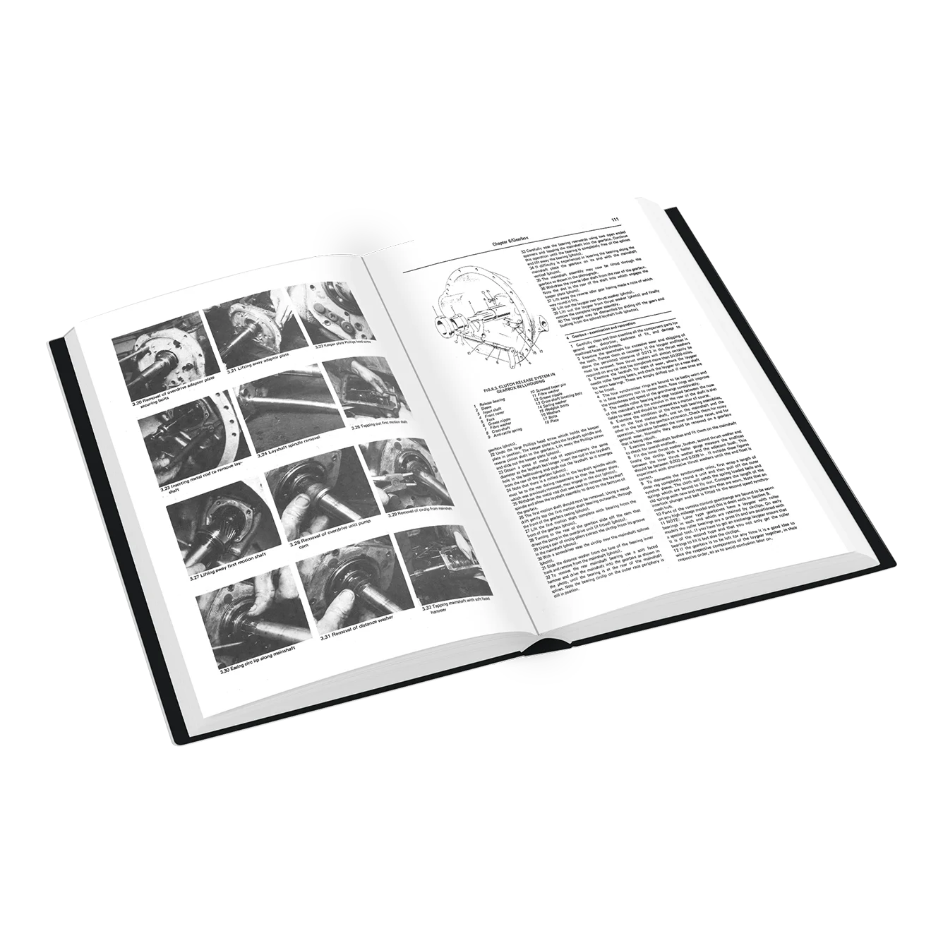 An open hardcover book showing black-and-white technical pages with multiple inset images and columns of text, photographed on a clean white background.