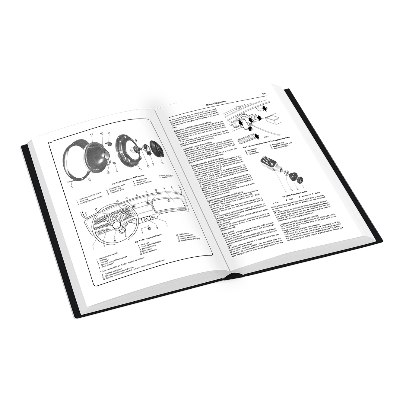 An open hardcover book displaying technical instruction pages with black-and-white mechanical diagrams and explanatory text, shown on a plain white background.