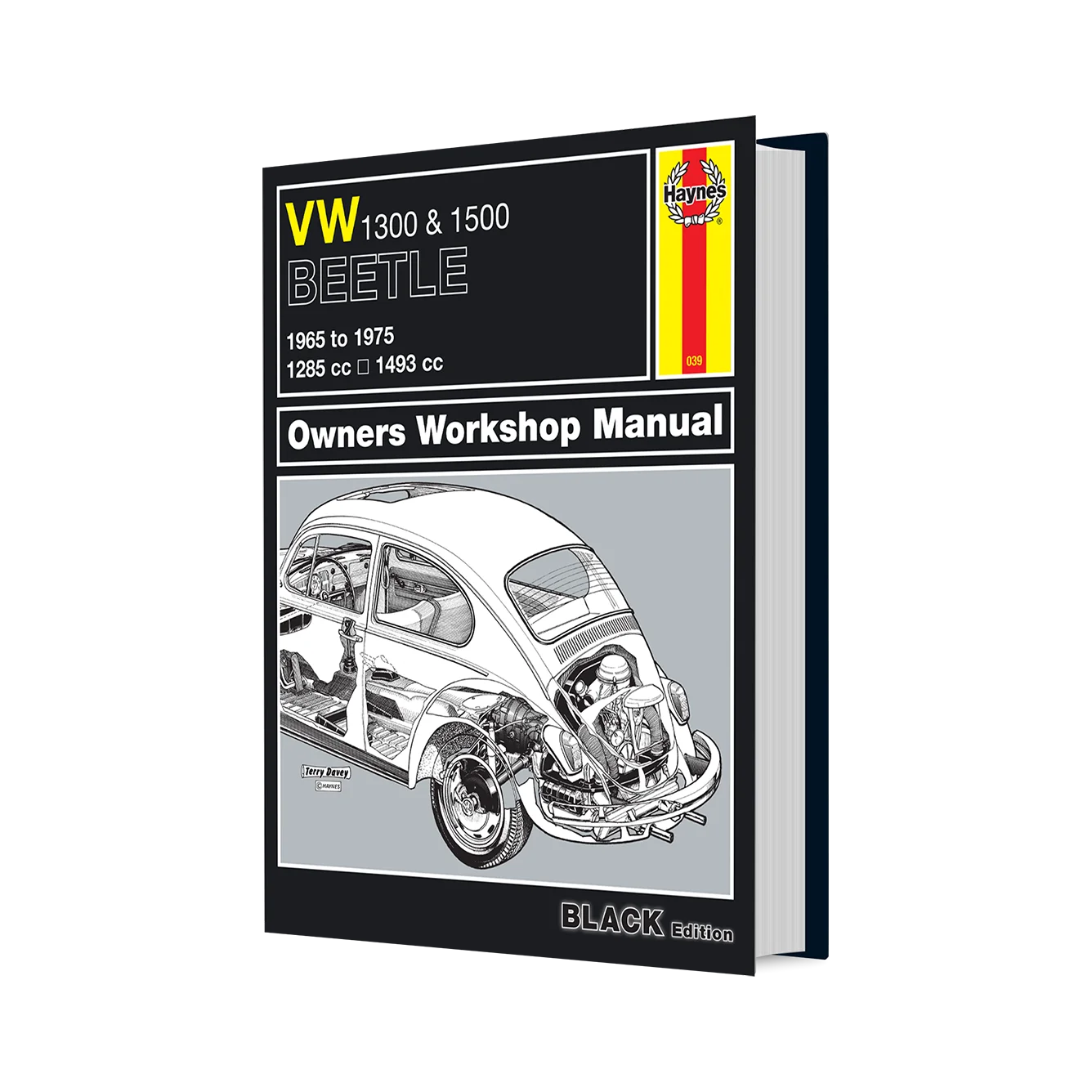 Haynes VW 1300 & 1500 Beetle Owners Workshop Manual, Black Edition. The book cover features a black background with yellow and white text, a red and yellow Haynes logo, and a detailed black and white cutaway illustration of a Beetle car showing its engine and interior.