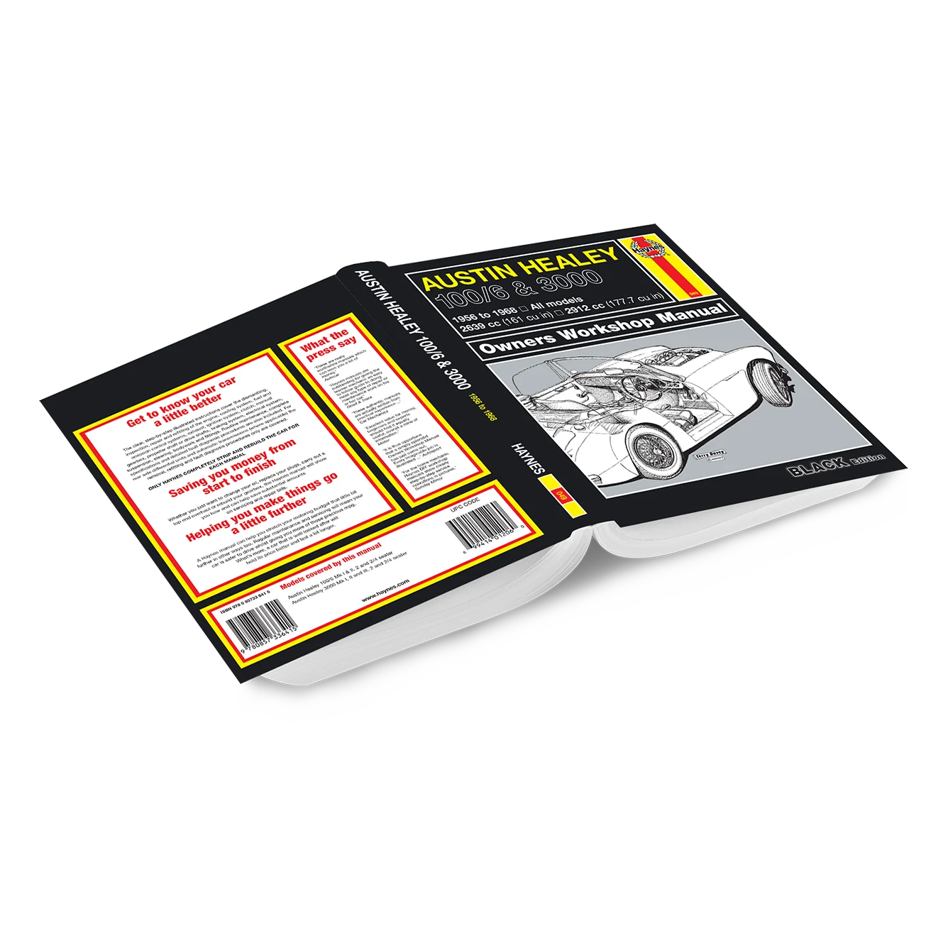 An open hardcover manual/booklet titled 'Austin Healey 1000 & 1600 Owners Workshop Manual' shown on a plain white background. The cover is black with yellow, white, and red text and graphics, including a cutaway car illustration.