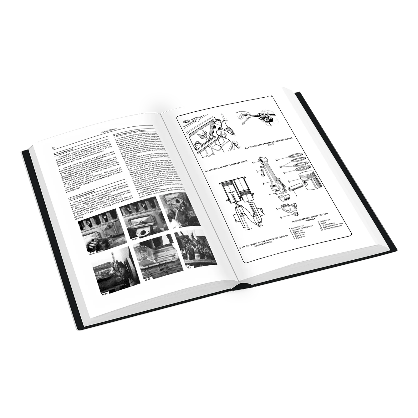 An open hardcover book displayed at an angle, showing two printed pages with black-and-white text, photos, and technical diagrams on a plain white background.