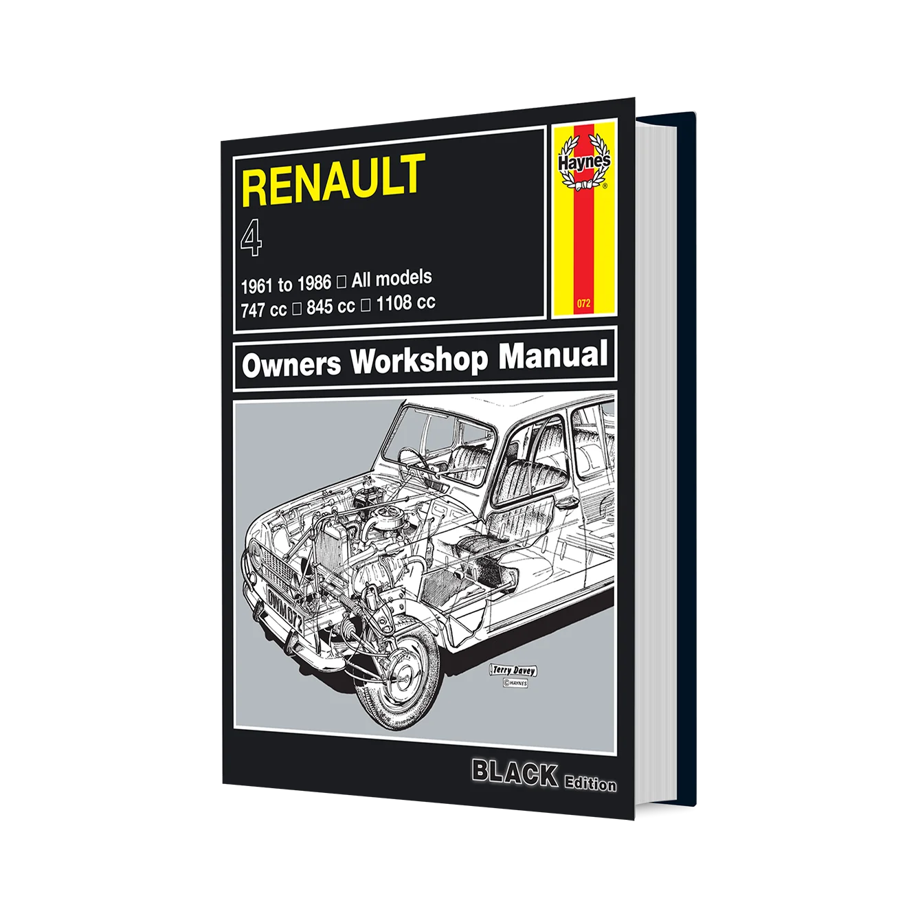 A hardcover book titled 'Renault Owners Workshop Manual' shown at a slight angle on a plain white background. The cover is predominantly black with yellow, white, and red text and a grayscale cutaway illustration of a Renault car engine and interior.