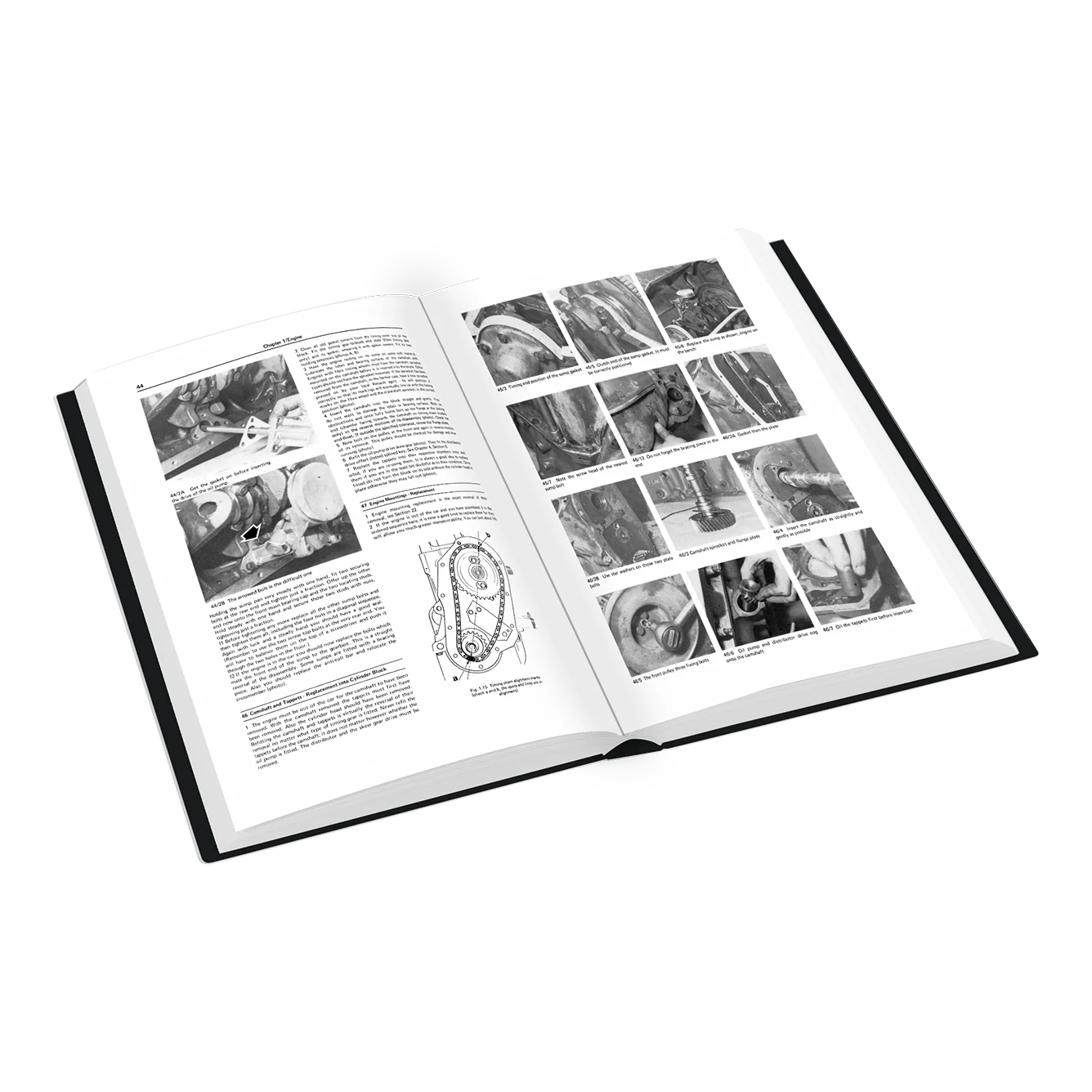 An open hardcover book showing black-and-white printed pages with text and multiple small photographic panels, photographed on a clean white background.