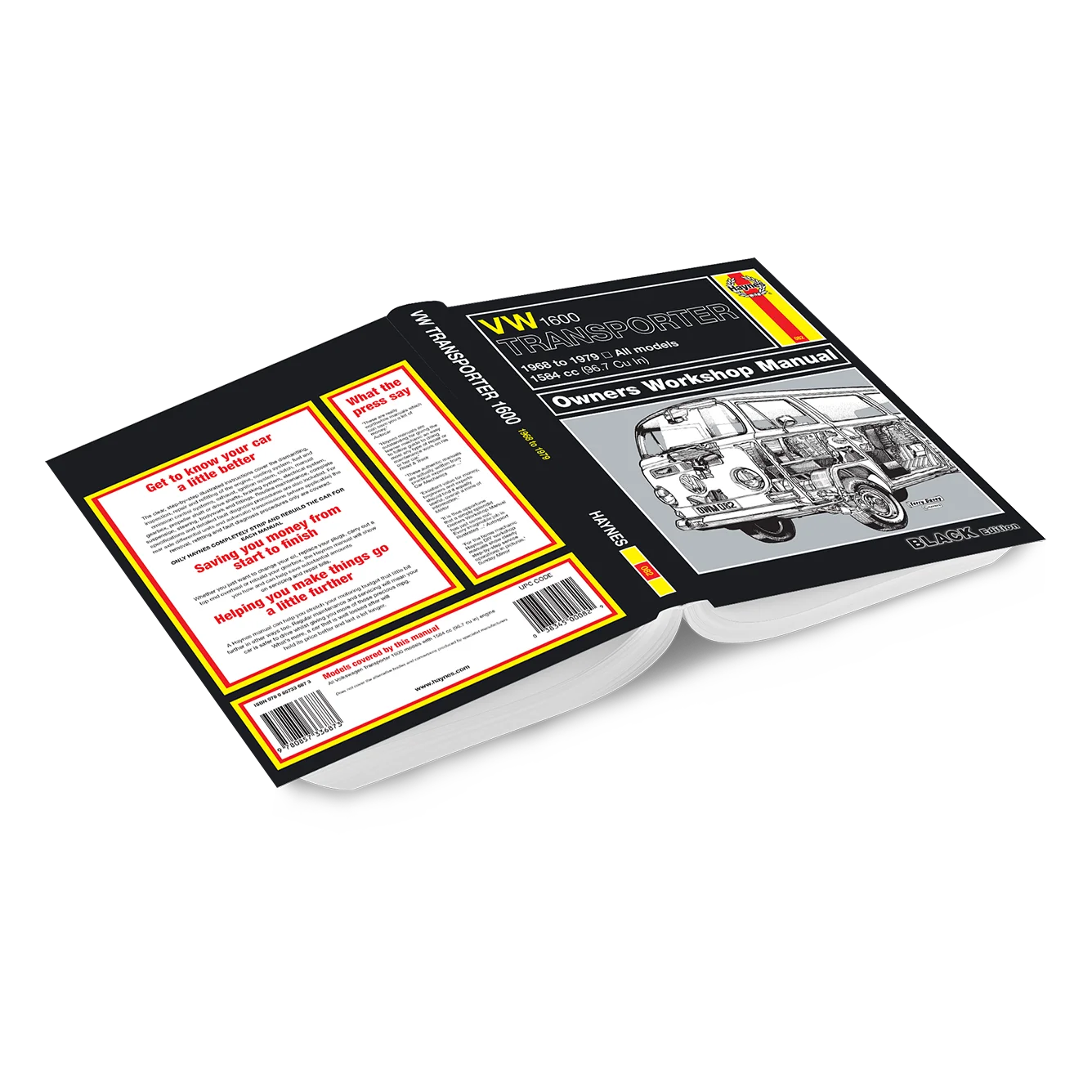 An open hardcover workshop manual for a VW Transporter T5, showing the black front cover with a line drawing of a van, the white interior pages, and the back cover with text and barcode, on a white background.