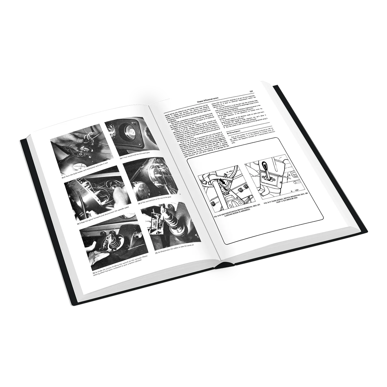 An open hardcover book showing black-and-white printed pages with multiple small photos, text, and a technical-style diagram, photographed on a clean white background.
