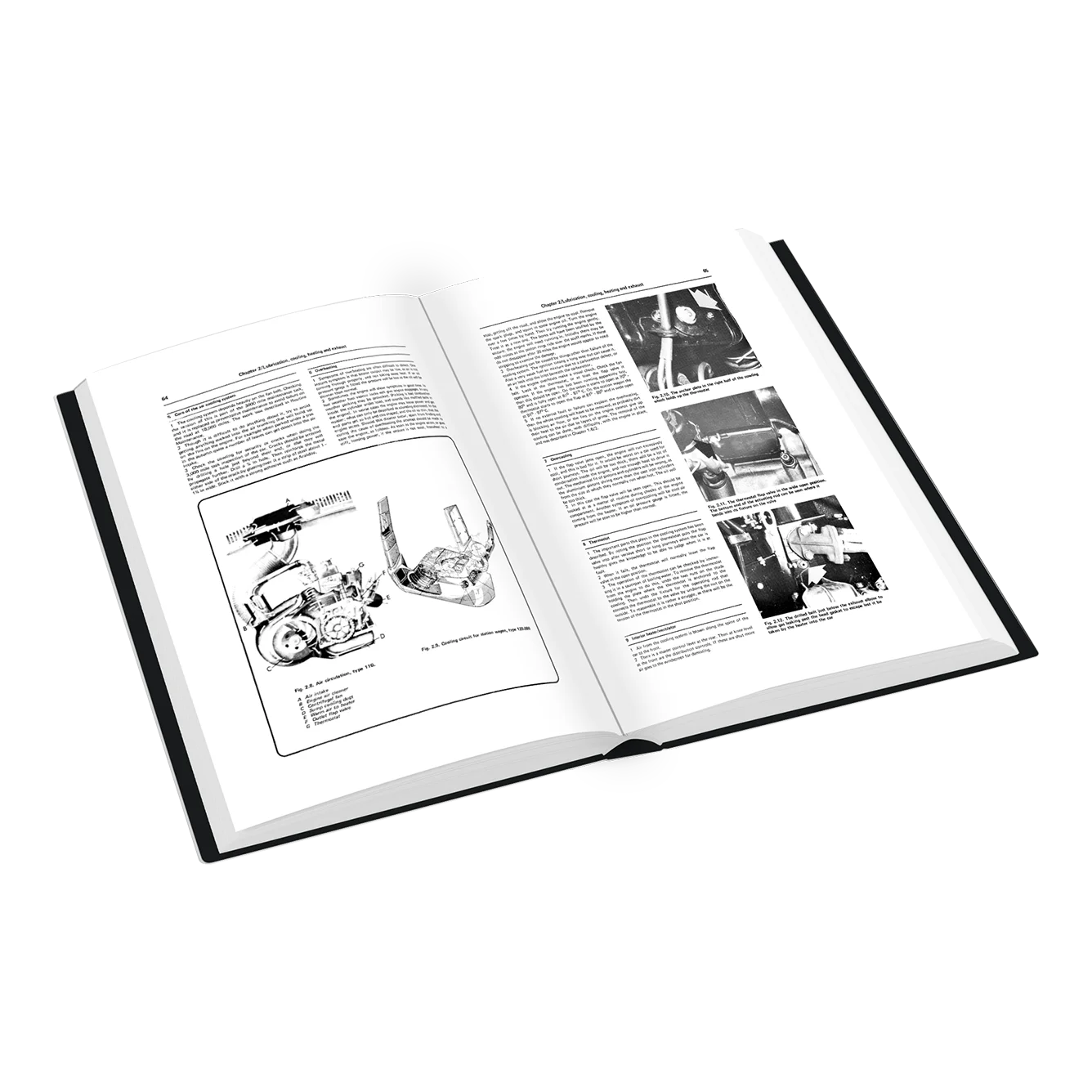 An open hardcover book showing two printed pages with text and black-and-white technical photos, photographed on a clean white background.