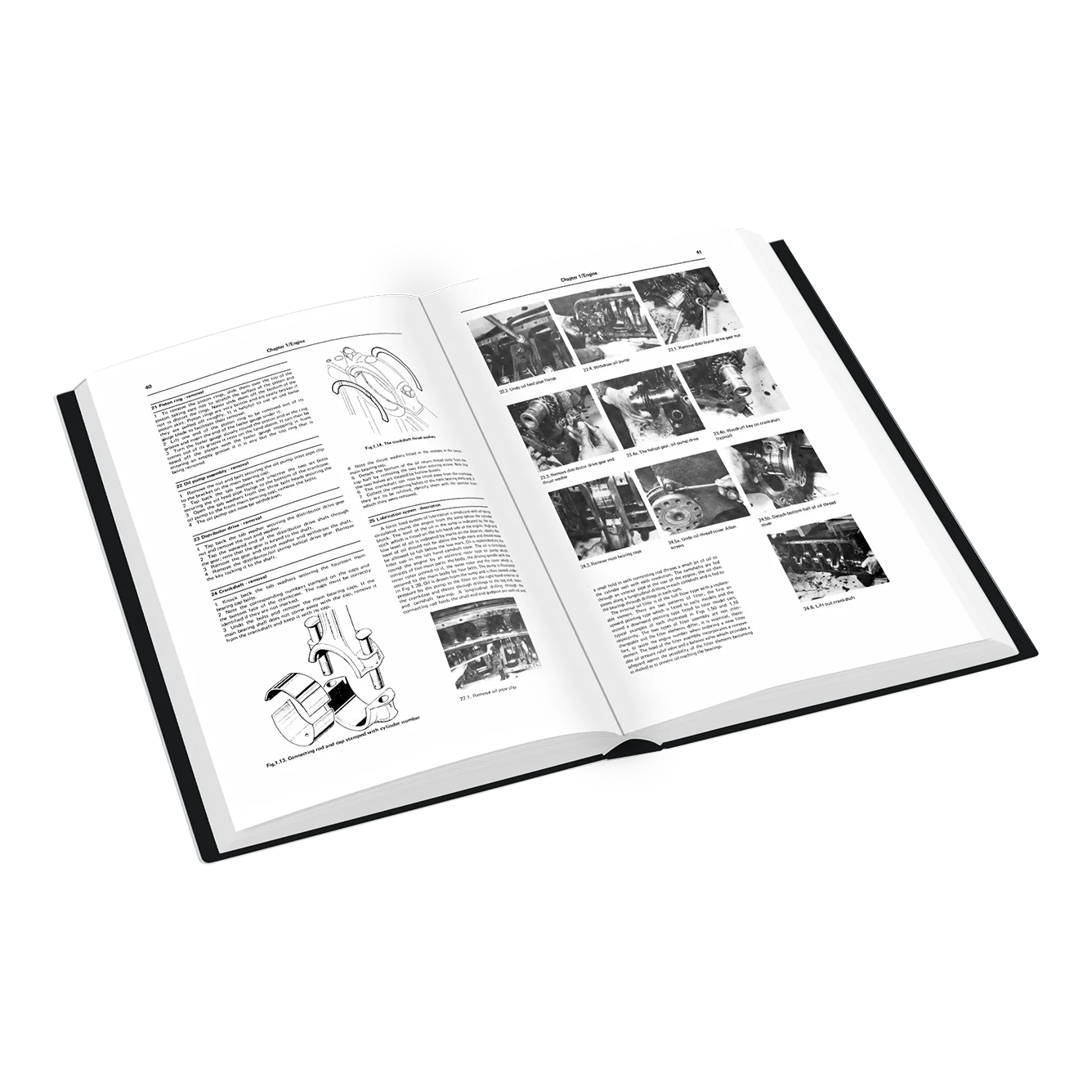 An open hardcover book displayed at an angle on a clean white background, showing black-and-white printed text, diagrams, and multiple small photographs on the pages.